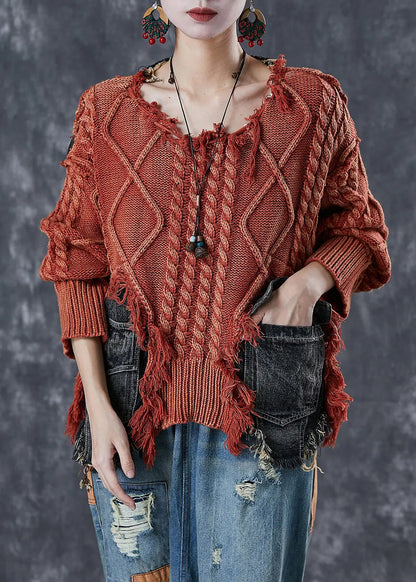 Fitted Brick Red Asymmetrical Patchwork Knit Short Sweater Winter Ada Fashion