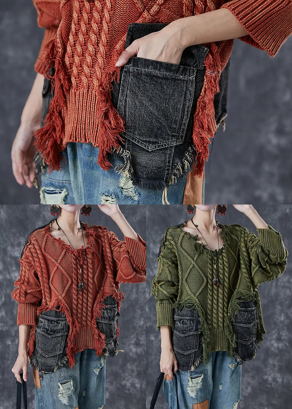 Fitted Brick Red Asymmetrical Patchwork Knit Short Sweater Winter Ada Fashion