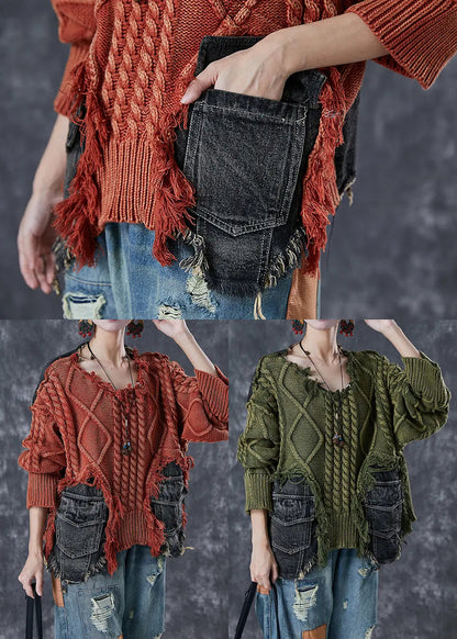 Fitted Brick Red Asymmetrical Patchwork Knit Short Sweater Winter Ada Fashion