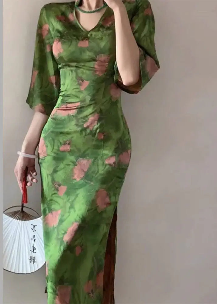 Fitted Green V Neck Print Side Open Silk Maxi Dress Bracelet Sleeve Ada Fashion