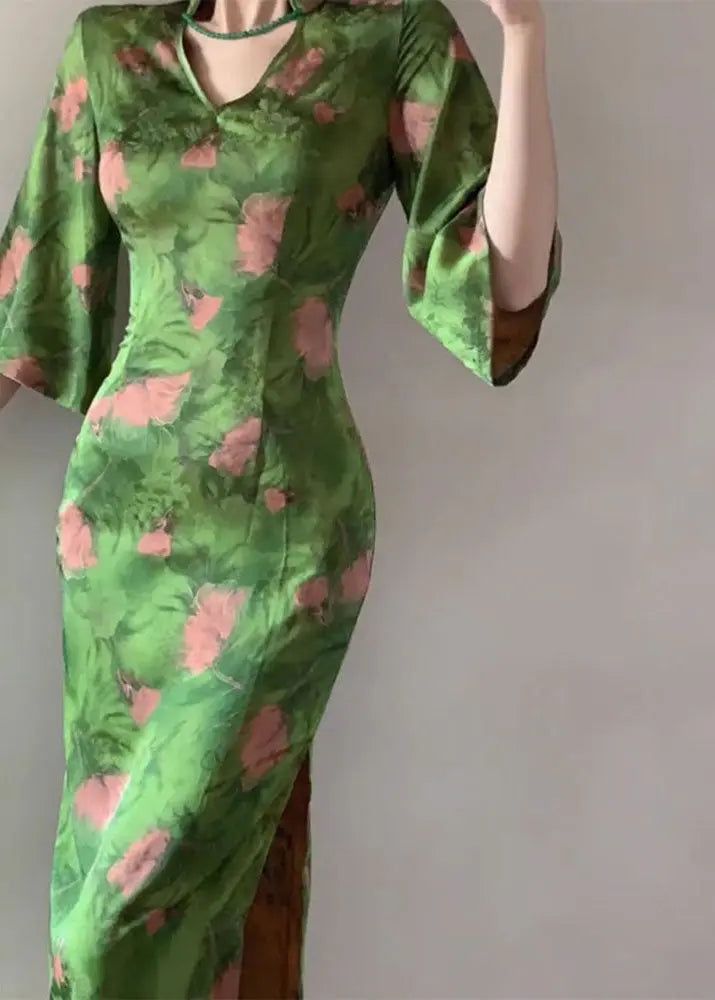 Fitted Green V Neck Print Side Open Silk Maxi Dress Bracelet Sleeve Ada Fashion