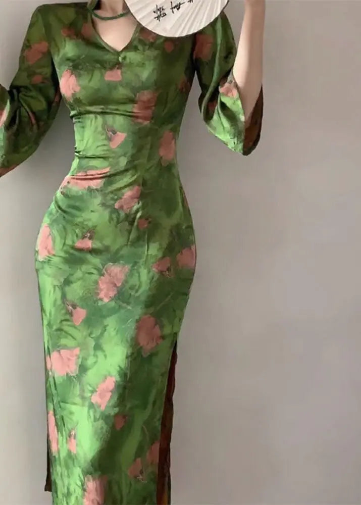 Fitted Green V Neck Print Side Open Silk Maxi Dress Bracelet Sleeve Ada Fashion