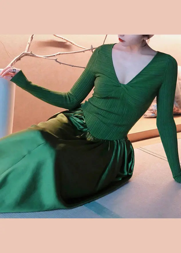 Fitted Green V Neck Wrinkled Knit Patchwork Silk Long Dresses Fall Ada Fashion