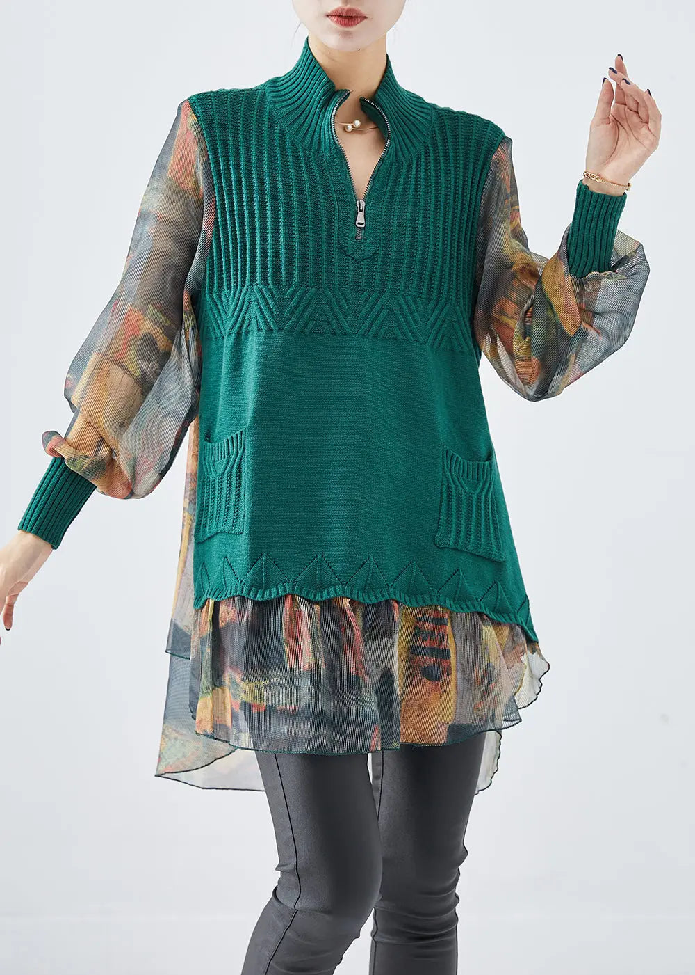 Fitted Green Zip Up Patchwork Knit Tops Fall Ada Fashion