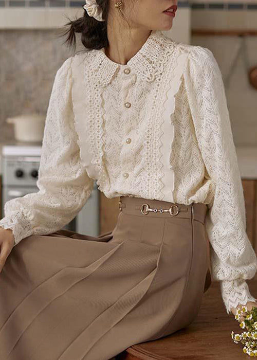 French Apricot Ruffled Button Patchwork Lace Shirt