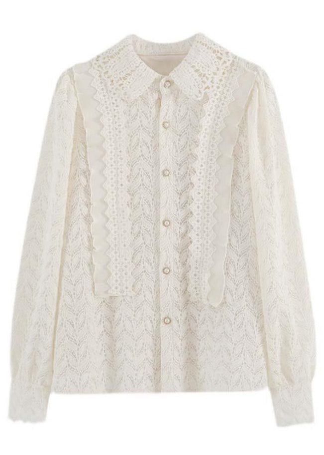 French Apricot Ruffled Button Patchwork Lace Shirt