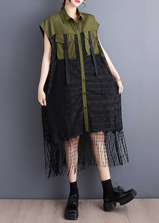 French Army Green Tassel Patchwork Lace Holiday Dress Summer Ada Fashion