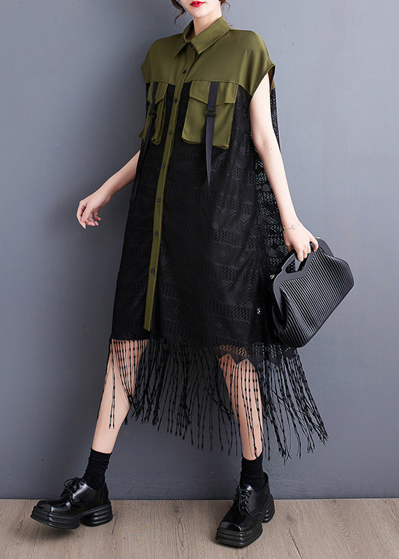 French Army Green Tassel Patchwork Lace Holiday Dress Summer Ada Fashion