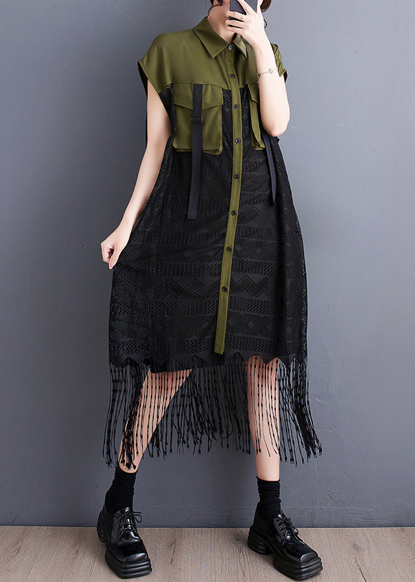 French Army Green Tassel Patchwork Lace Holiday Dress Summer Ada Fashion