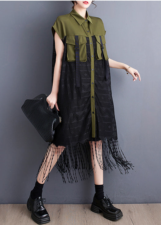 French Army Green Tassel Patchwork Lace Holiday Dress Summer Ada Fashion