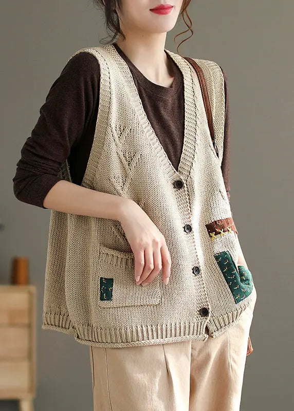 French Beige V Neck Button Pockets Cotton Knit Waistcoat Sleeveless Ada Fashion