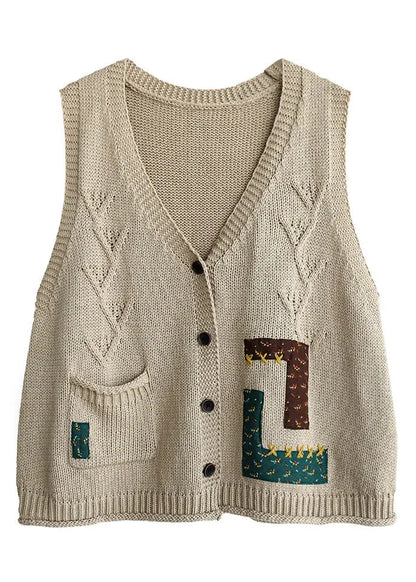 French Beige V Neck Button Pockets Cotton Knit Waistcoat Sleeveless Ada Fashion