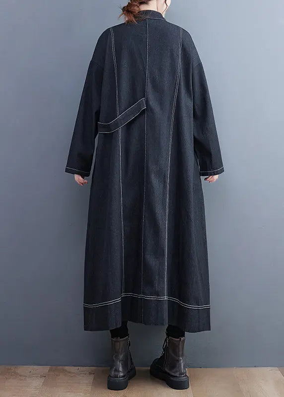 French Black Button Pockets Denim Long Trench Coat Fall Ada Fashion