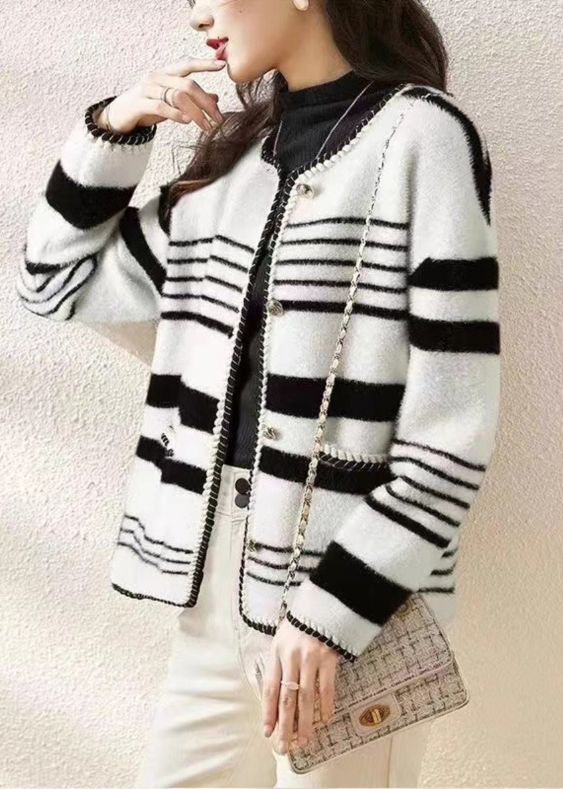 Black O Neck Mink Hair Knitted Coat Fall