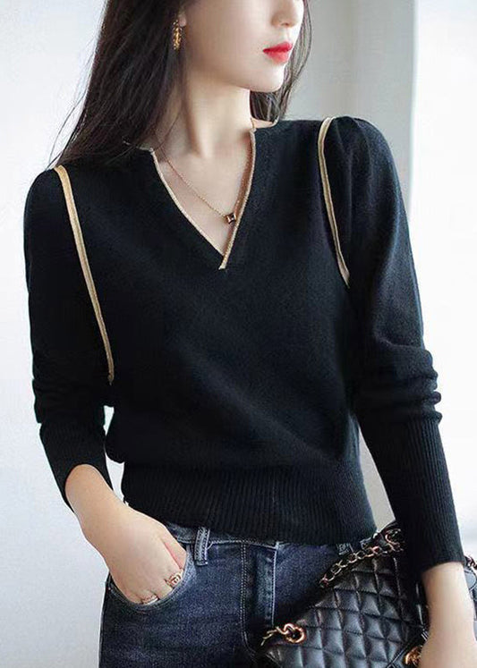 French Black Patchwork Cozy Knit Tops