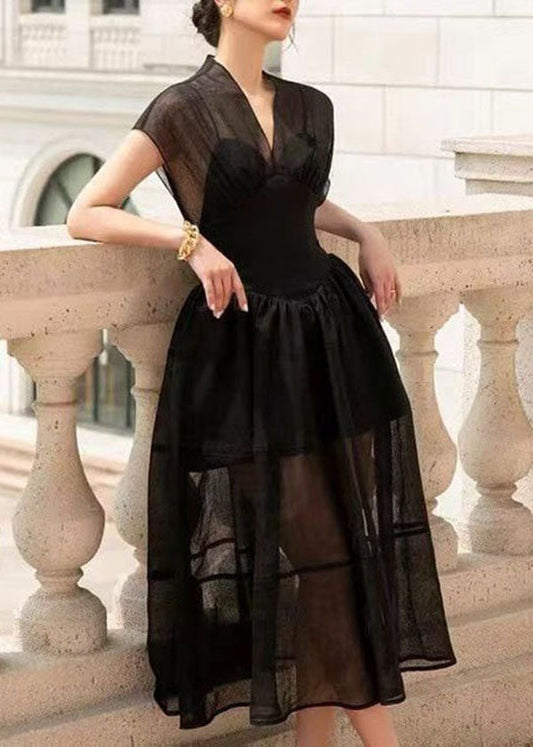 French Black V Neck Wrinkled Patchwork Tulle Dress Summer LY4621