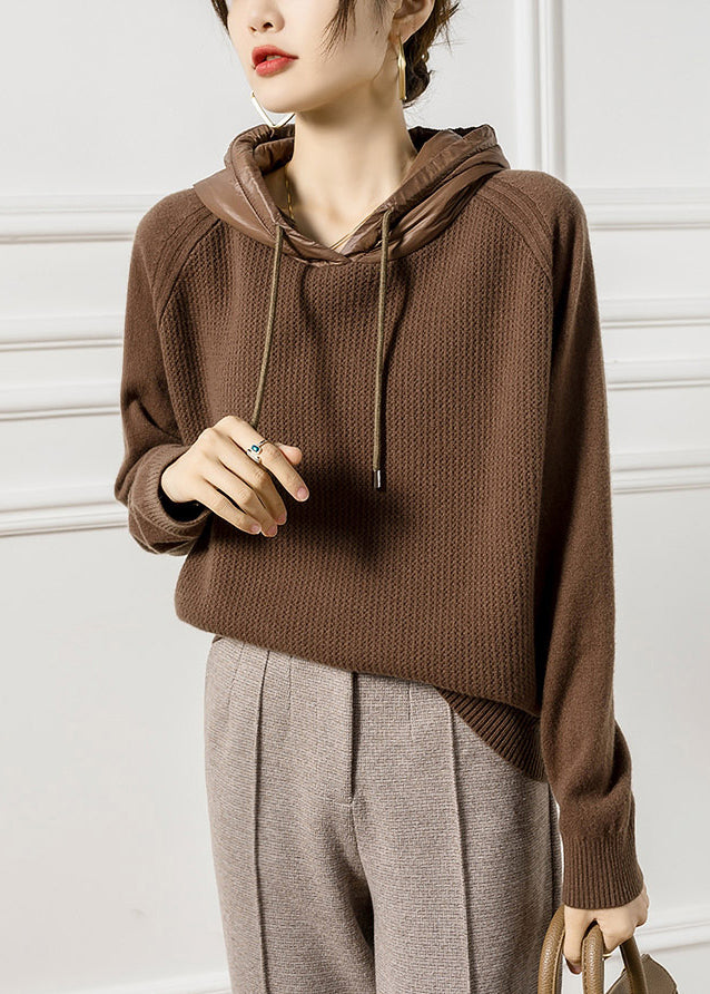 French Coffee Hooded Wool Knit Sweaters