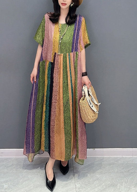 French Colorblock O Neck Wrinkled Patchwork Silk Dress Summer Ada Fashion