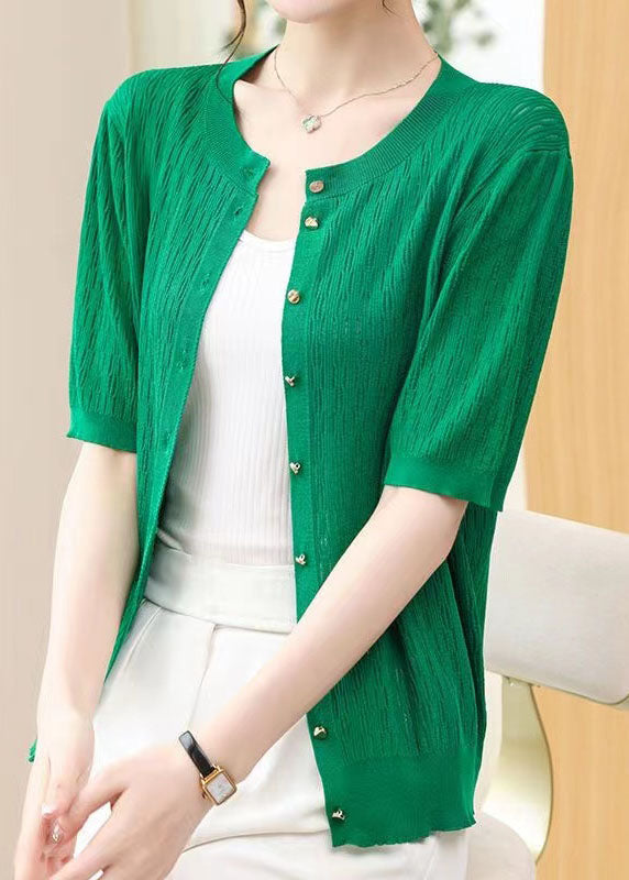 French Green O Neck Button Patchwork Knit Cardigans Summer Ada Fashion