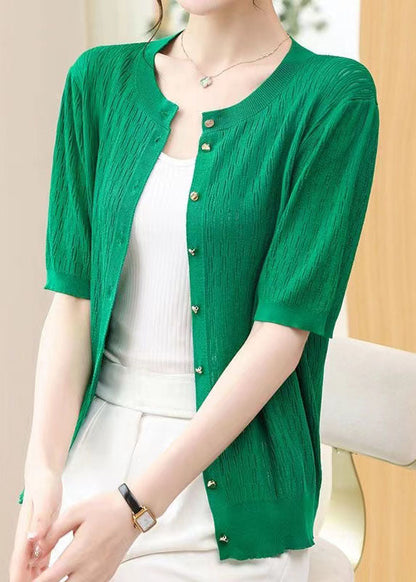 French Green O Neck Button Patchwork Knit Cardigans Summer Ada Fashion