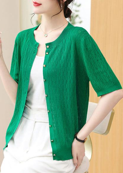 French Green O Neck Button Patchwork Knit Cardigans Summer Ada Fashion