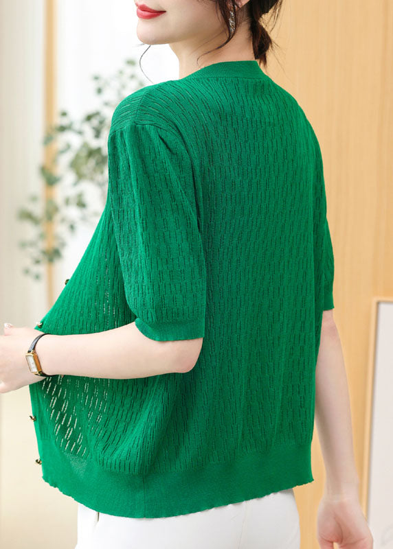 French Green O Neck Button Patchwork Knit Cardigans Summer Ada Fashion