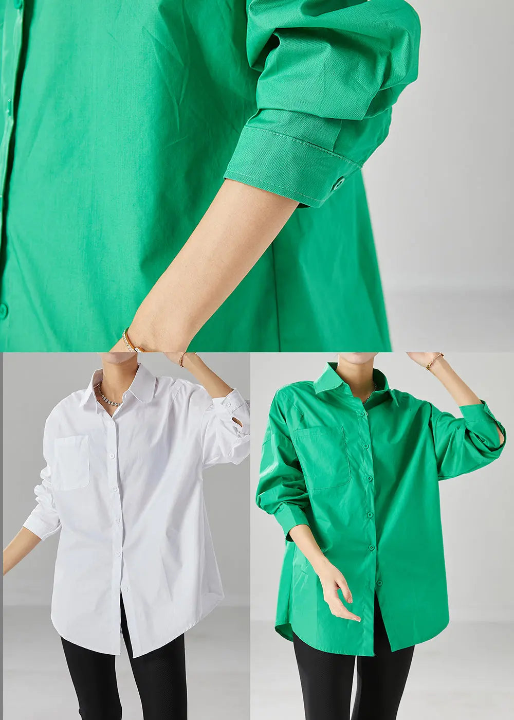 French Green Peter Pan Collar Oversized Cotton Shirts Fall Ada Fashion