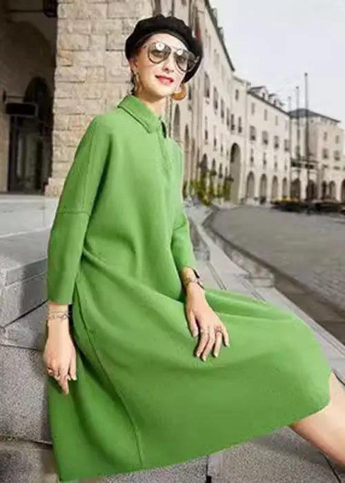 French Green Peter Pan Collar Patchwork Woolen Maxi Dress Long Sleeve Ada Fashion