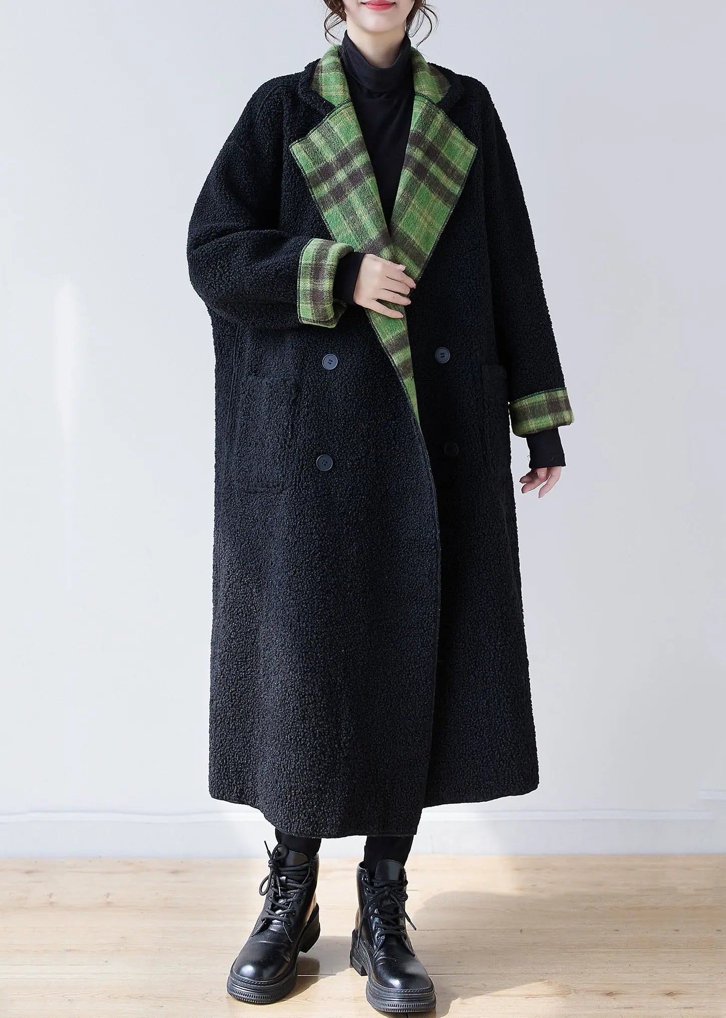 French Green Plaid Notched Wear On Both Sides Warm Fleece Faux Fur Trench Coats Long Sleeve Ada Fashion