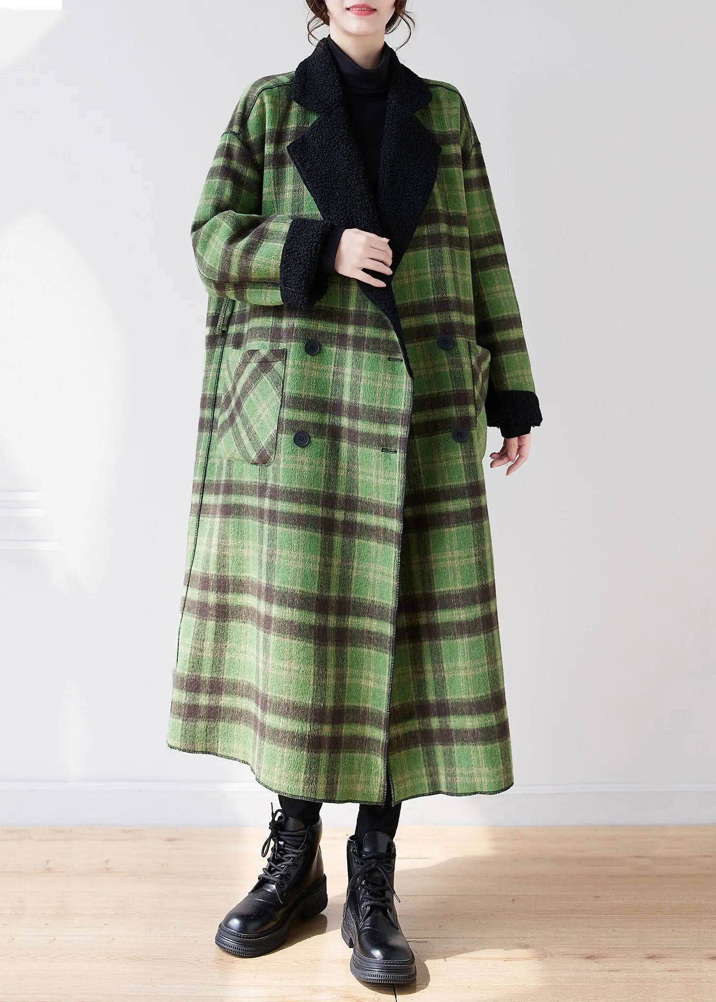 French Green Plaid Notched Wear On Both Sides Warm Fleece Faux Fur Trench Coats Long Sleeve Ada Fashion