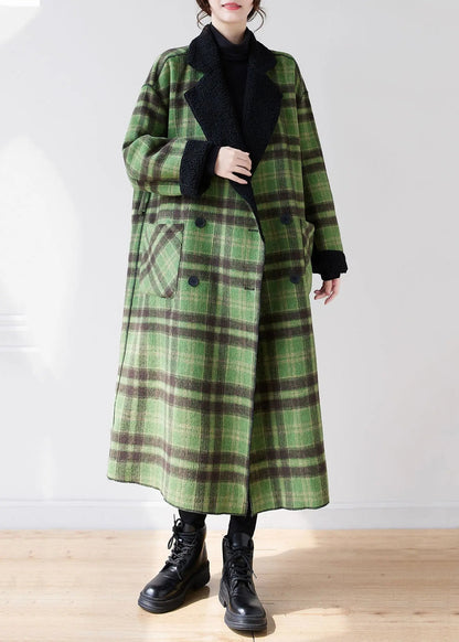 French Green Plaid Notched Wear On Both Sides Warm Fleece Faux Fur Trench Coats Long Sleeve Ada Fashion