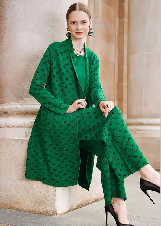 French Green Print Woolen Coats Vest And Straight Pants Three Piece Set Outfits Fall Ada Fashion