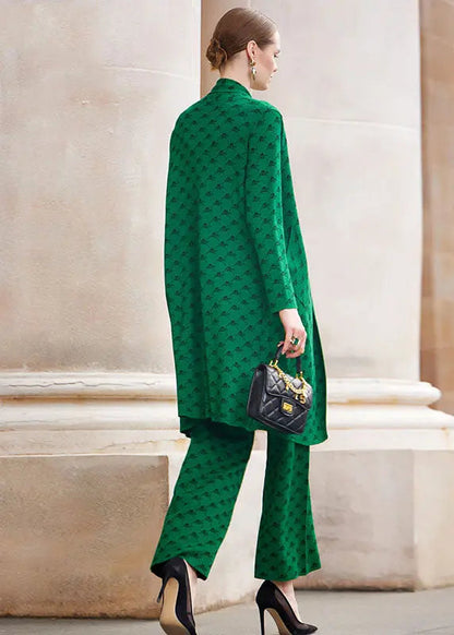 French Green Print Woolen Coats Vest And Straight Pants Three Piece Set Outfits Fall Ada Fashion