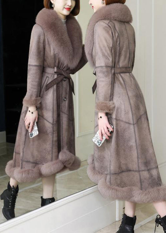 French Khaki Fur Collar Tie Waist Leather And Fur Coat Winter Ada Fashion