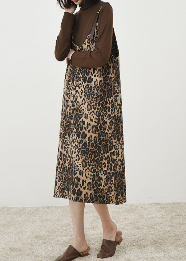 French Leopard Print Long Dress Sleeveless