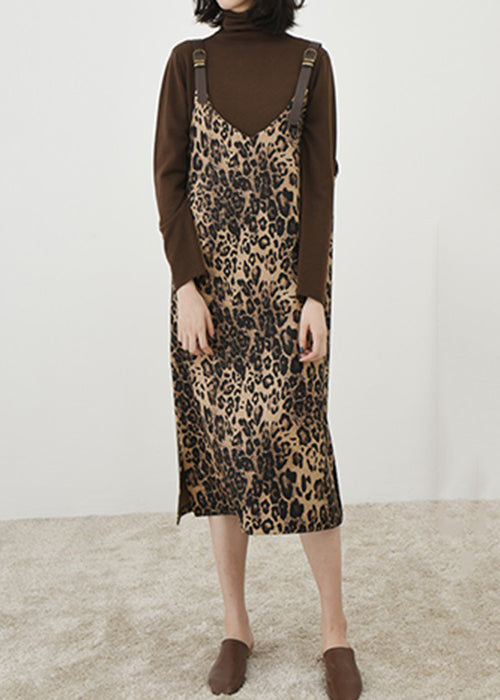 French Leopard Print Long Dress Sleeveless