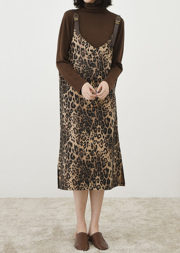 French Leopard Print Long Dress Sleeveless