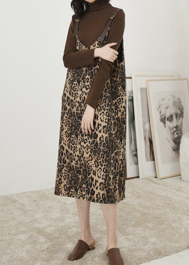 French Leopard Print Long Dress Sleeveless