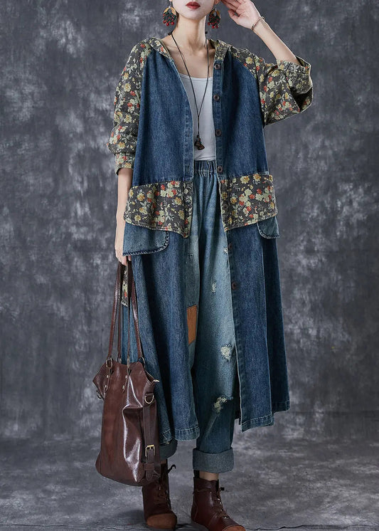 French Navy Oversized Patchwork Print Denim Trench Coats Fall Ada Fashion