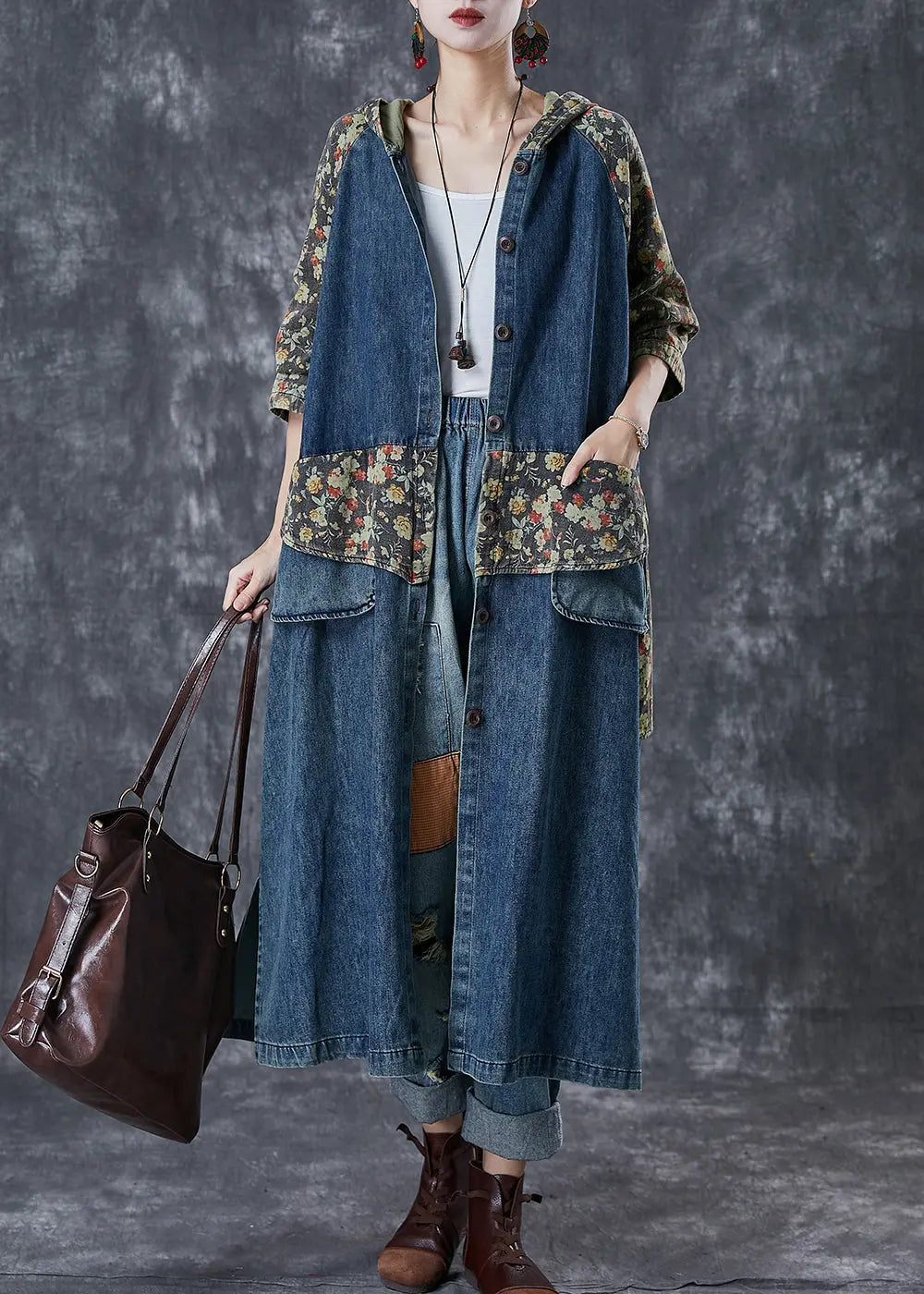 French Navy Oversized Patchwork Print Denim Trench Coats Fall Ada Fashion