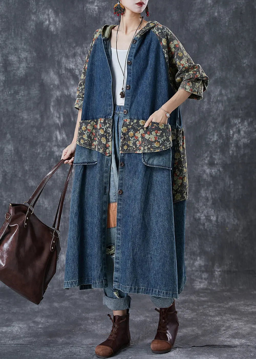 French Navy Oversized Patchwork Print Denim Trench Coats Fall Ada Fashion