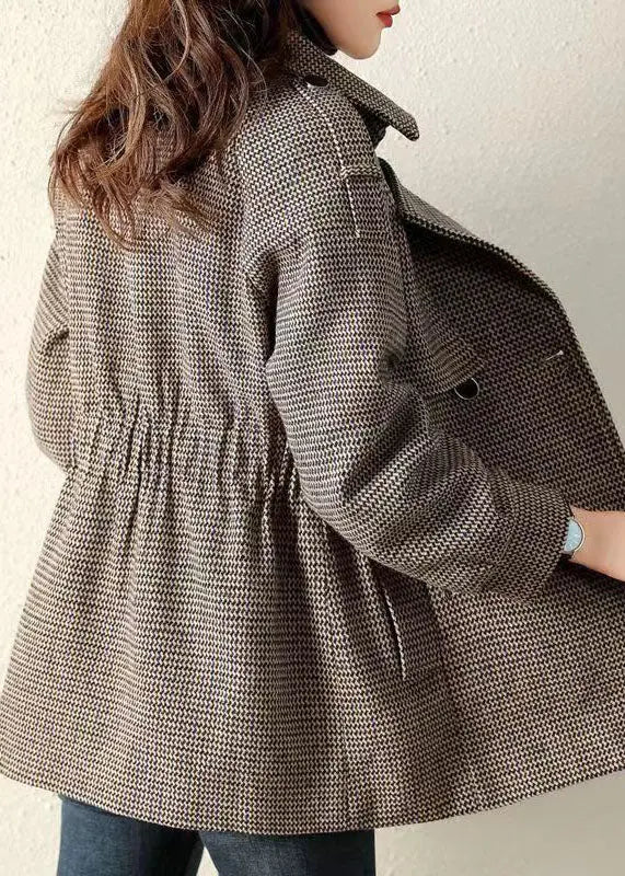 French Plaid Peter Pan Collar Pockets Patchwork Woolen Coats Fall Ada Fashion