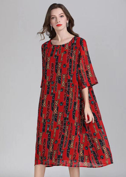 French Red O Neck Print Patchwork Chiffon Mid Dress Summer Ada Fashion