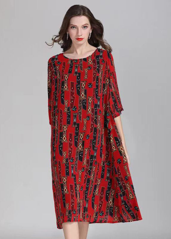 French Red O Neck Print Patchwork Chiffon Mid Dress Summer Ada Fashion