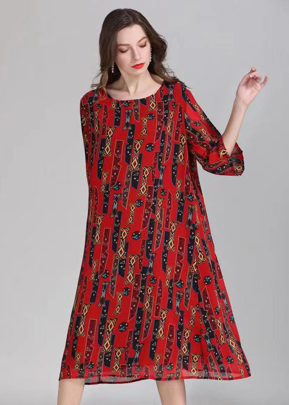 French Red O Neck Print Patchwork Chiffon Mid Dress Summer Ada Fashion