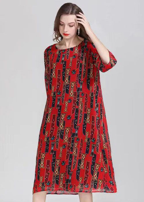 French Red O Neck Print Patchwork Chiffon Mid Dress Summer Ada Fashion