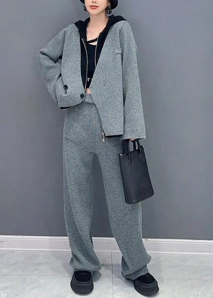 French Rose Hooded Tops And Pants Woolen Two Piece Suit Set Fall Ada Fashion