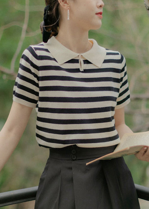 French Striped Button Cotton Knit Top Summer