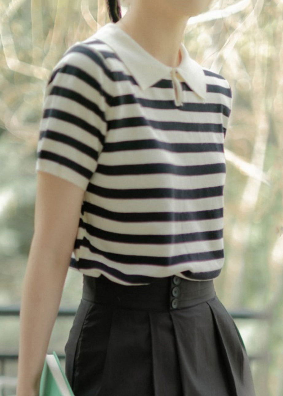 French Striped Button Cotton Knit Top Summer