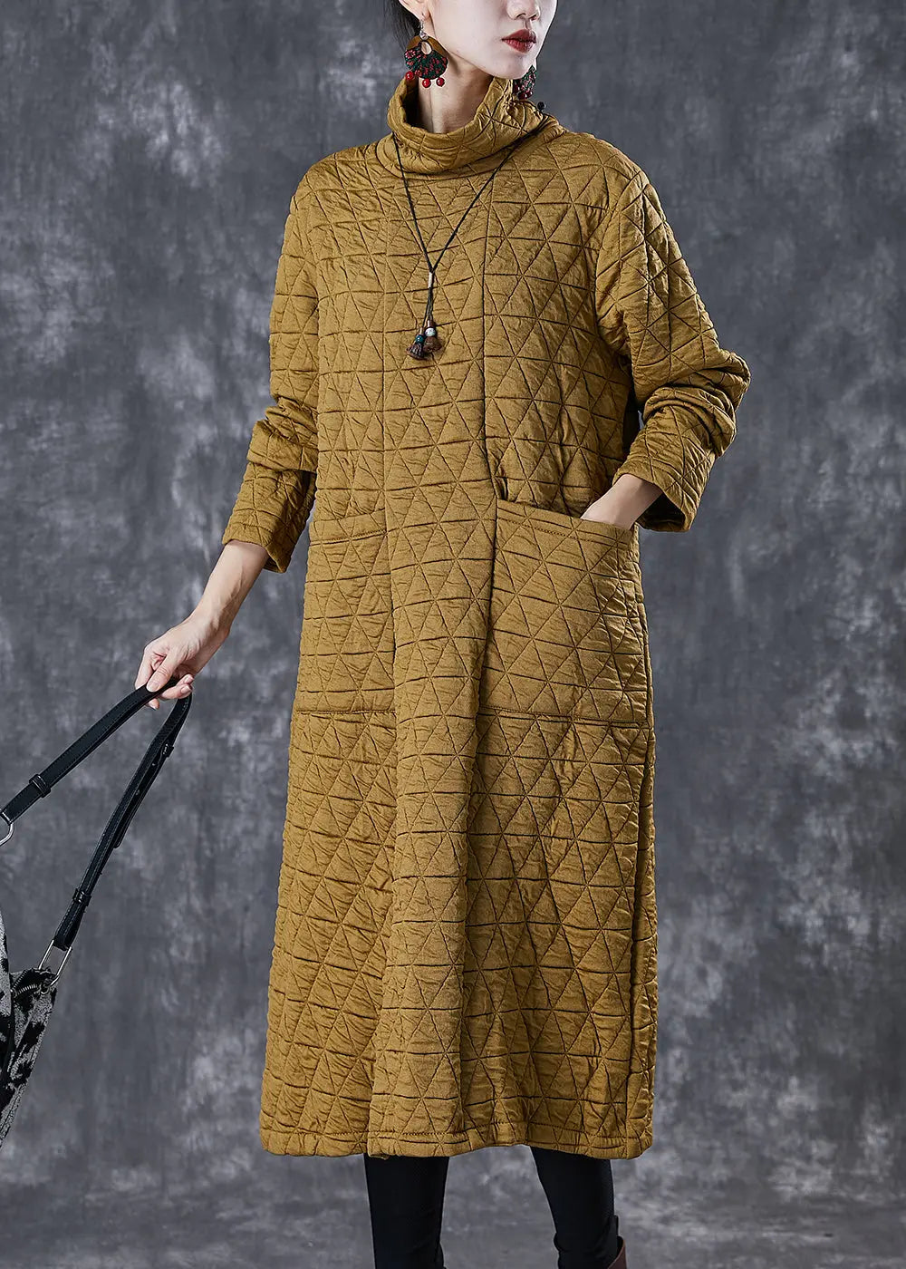 French Yellow Turtle Neck Fine Cotton Filled A Line Dress Winter Ada Fashion